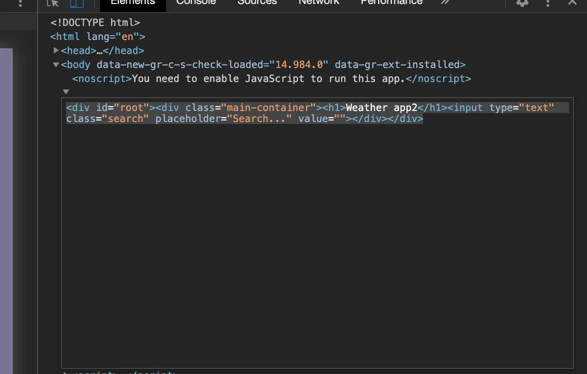 The root element's markup, ready to copy